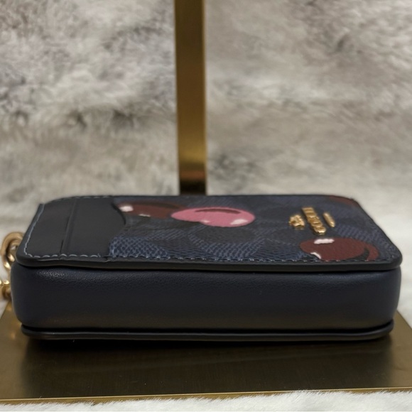 Coach Signature Canvas Cherry Print Zip Wallet Goldtone Chain with clip. ID slot - Picture 3 of 12